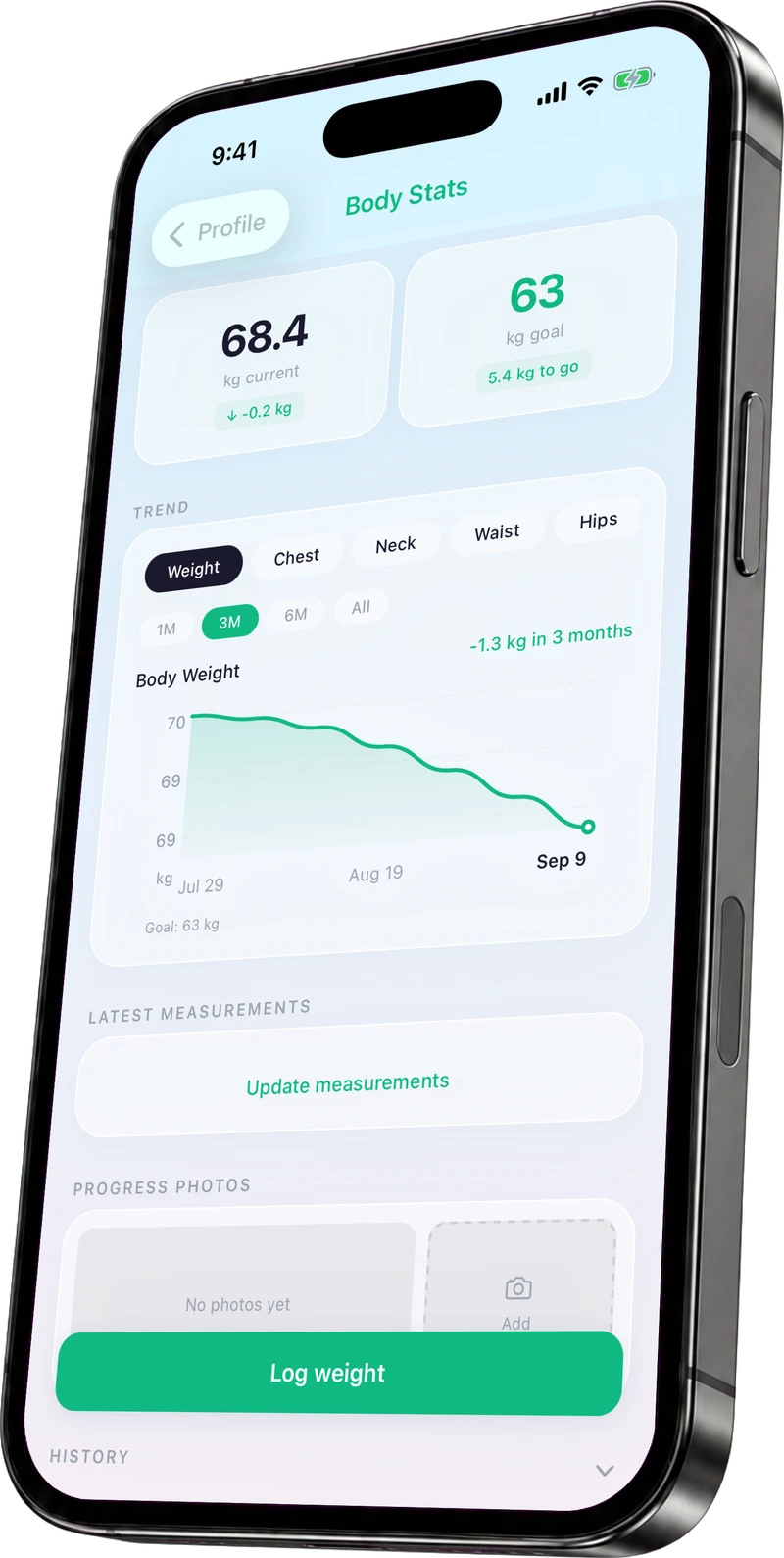 Body Stats showing an example weight trend, a personal goal and body measurements.