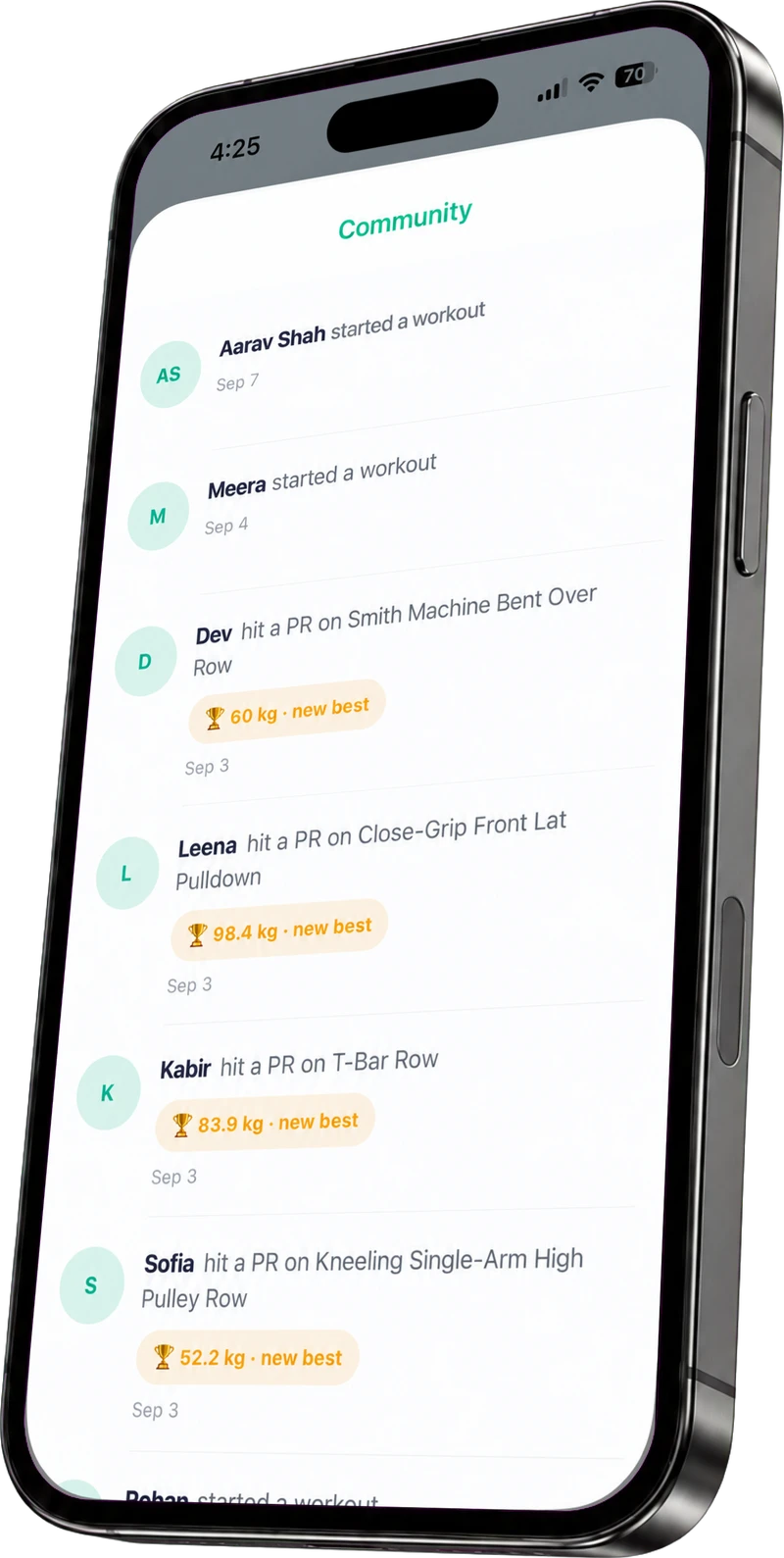 Community feed showing friends starting workouts and reaching personal bests. Names are fictional.