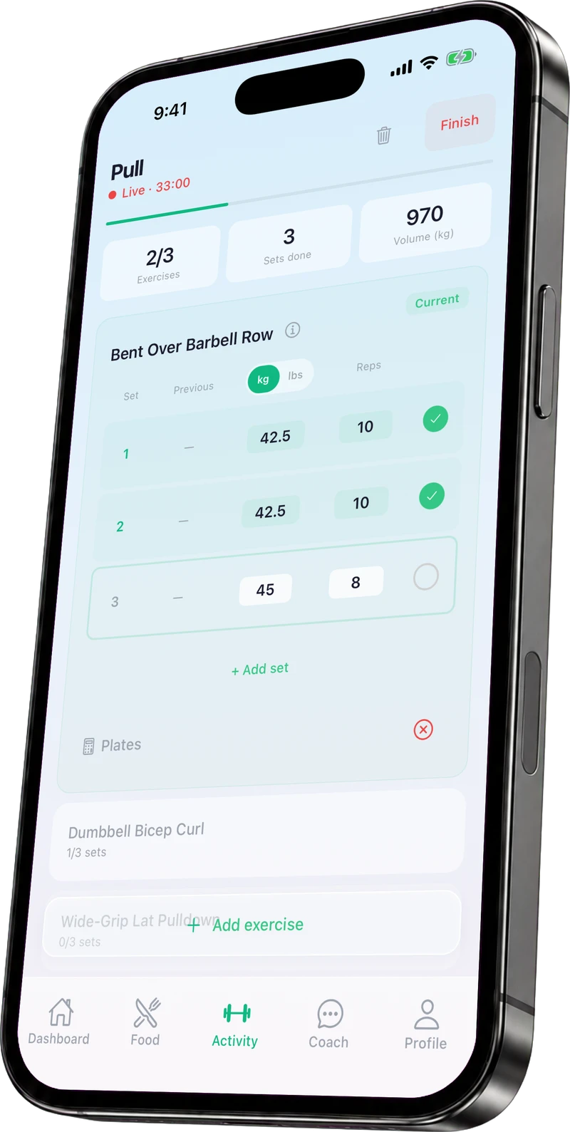 Workout logging with barbell row sets, reps, weights and completed training volume.