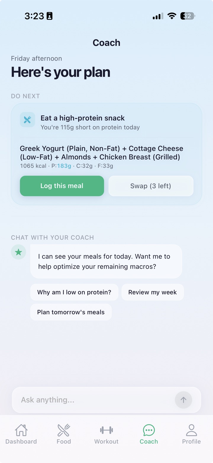 Trift AI coach screen suggesting a high-protein meal and offering chat