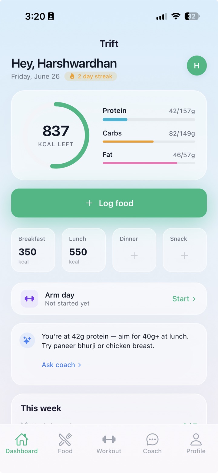 Trift dashboard showing daily macros and an AI coach protein tip