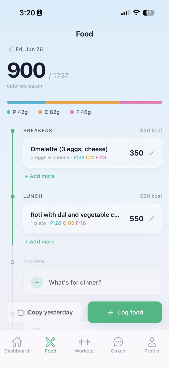 Trift food log showing meals with calories and macros for the day
