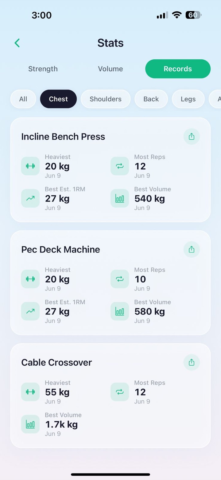 Trift Stats screen showing personal records for each exercise