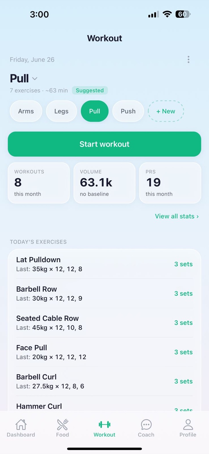 Trift workout screen showing a Pull day with exercises and last-session weights